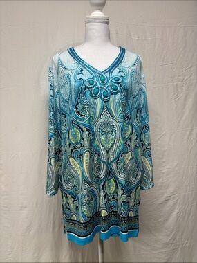JM Collection Teal and Aqua Paisley V-Neck Tunic